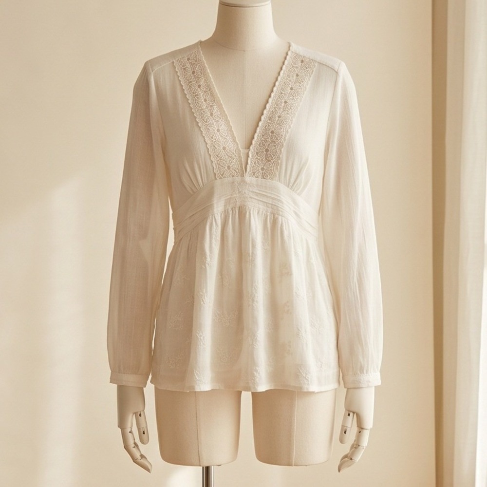 J. Jill L Ivory Embroidered‎ Lace Trim V-Neck Tunic Blouse Large NWT Romantic